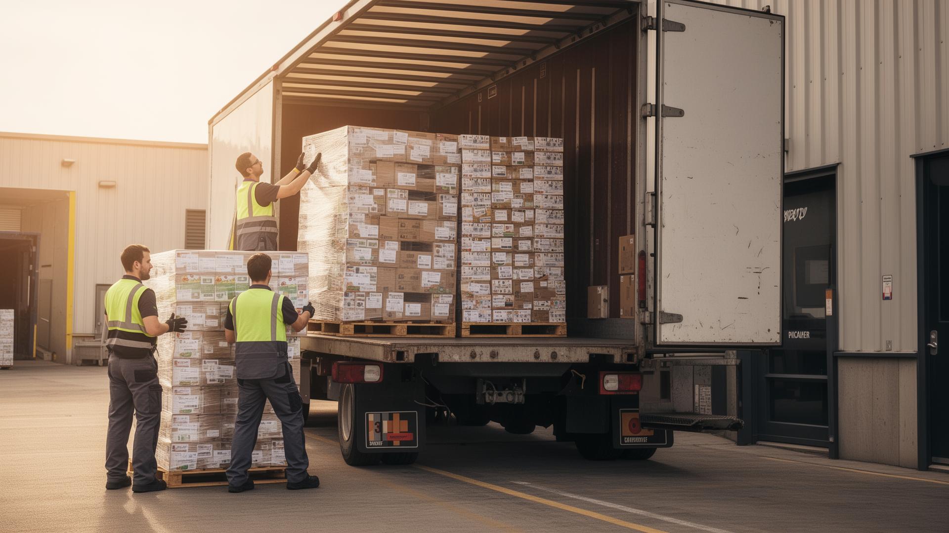 Workers loading labeled pallets into a cargo truck