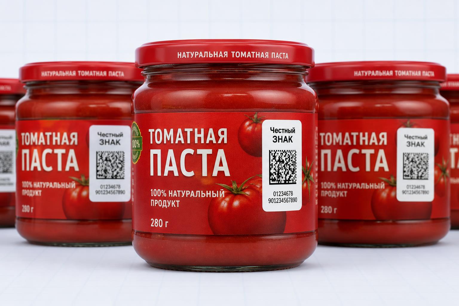 Tomato paste jars with Честный знак labels